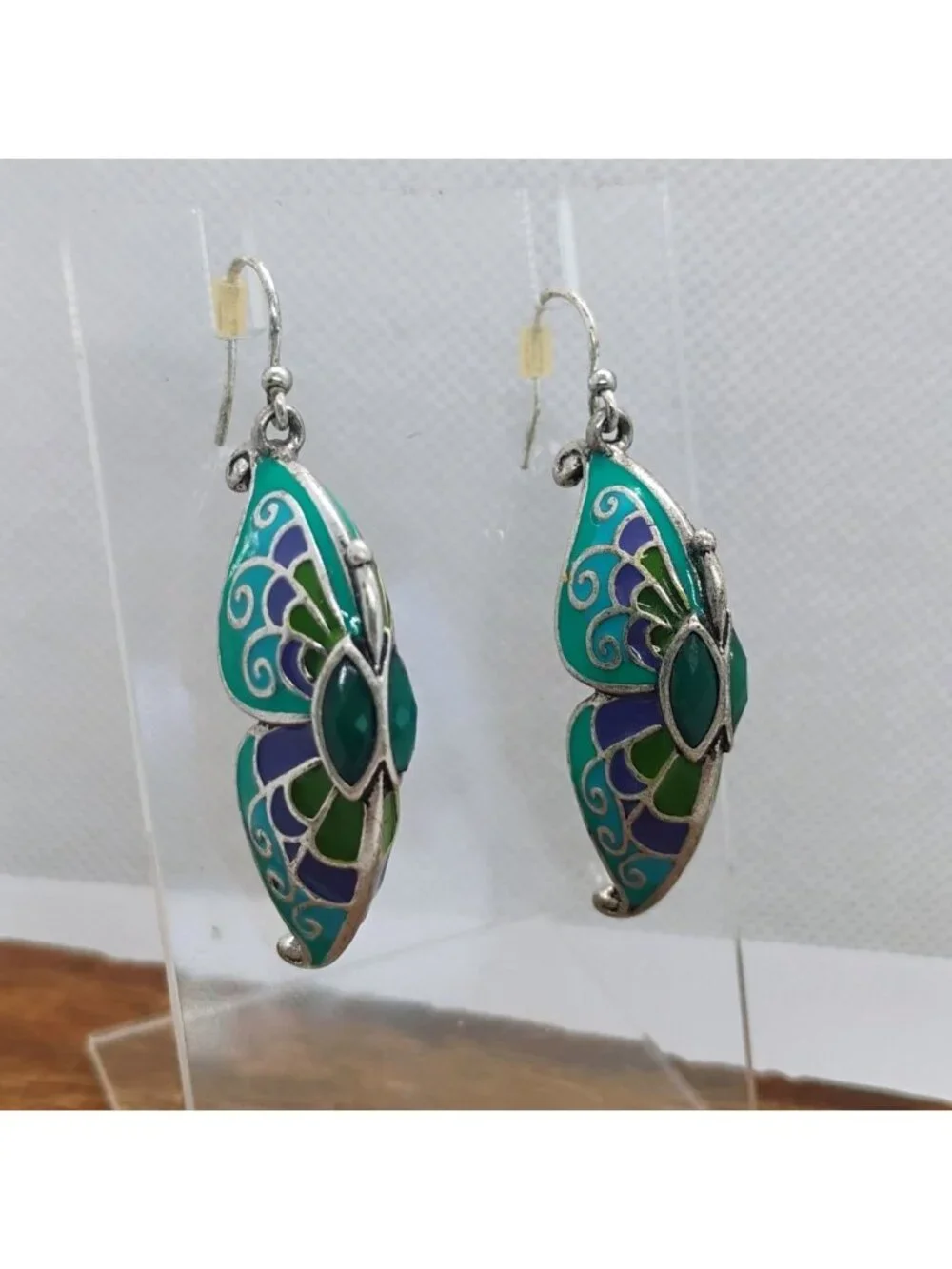 Double Sided Enamel Butterfly Wing Earrings Blue Purple Green Silver 1.5